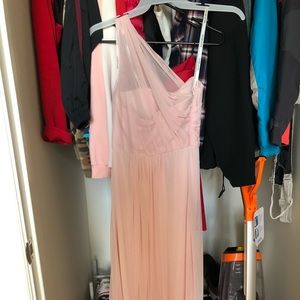 David’s Bridal long formal dress in light pink. Very comfortable.